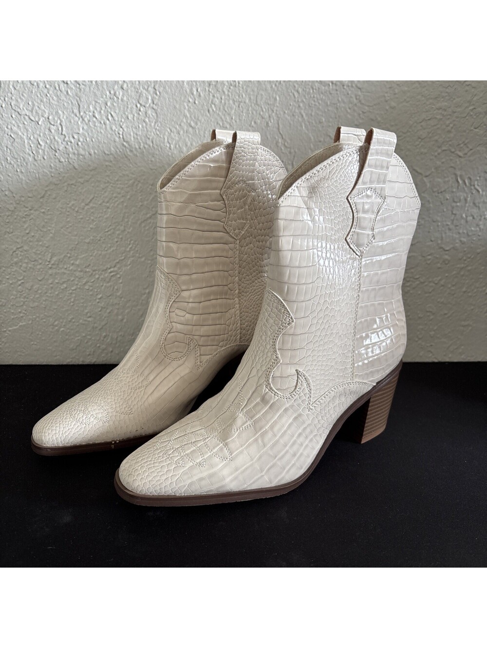 She & In Bonnie Cream Croc-Embossed Western Ankle Booties 7